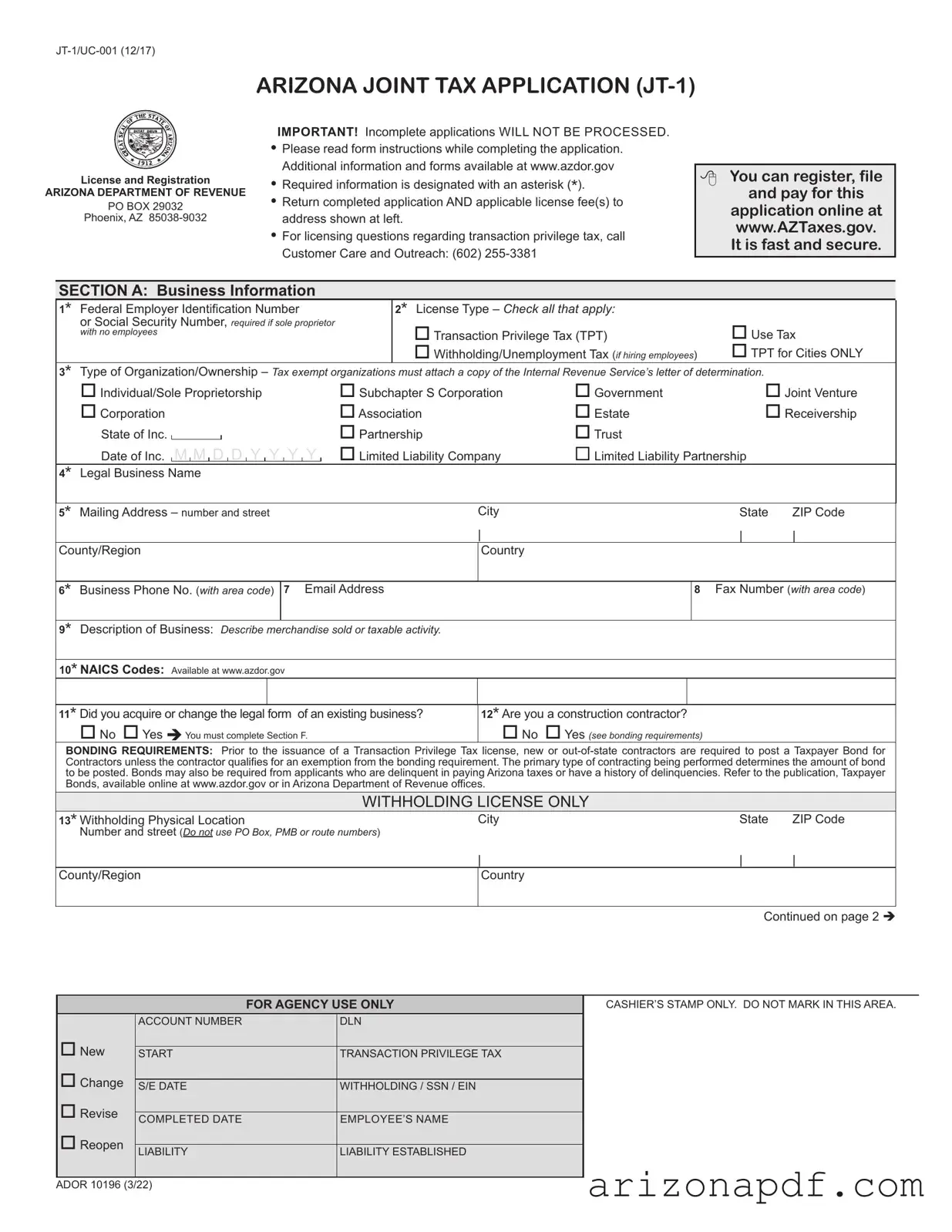 Fill in a Valid Jt 1 Arizona Tax Template