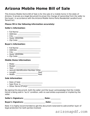 Legal Arizona Mobile Home Bill of Sale Document
