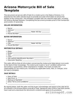 Legal Arizona Motorcycle Bill of Sale Document