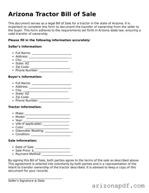Legal Arizona Tractor Bill of Sale Document