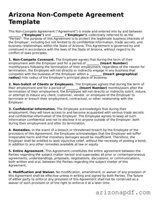 Legal Arizona Non-compete Agreement Document