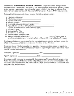 Legal Arizona Motor Vehicle Power of Attorney Document